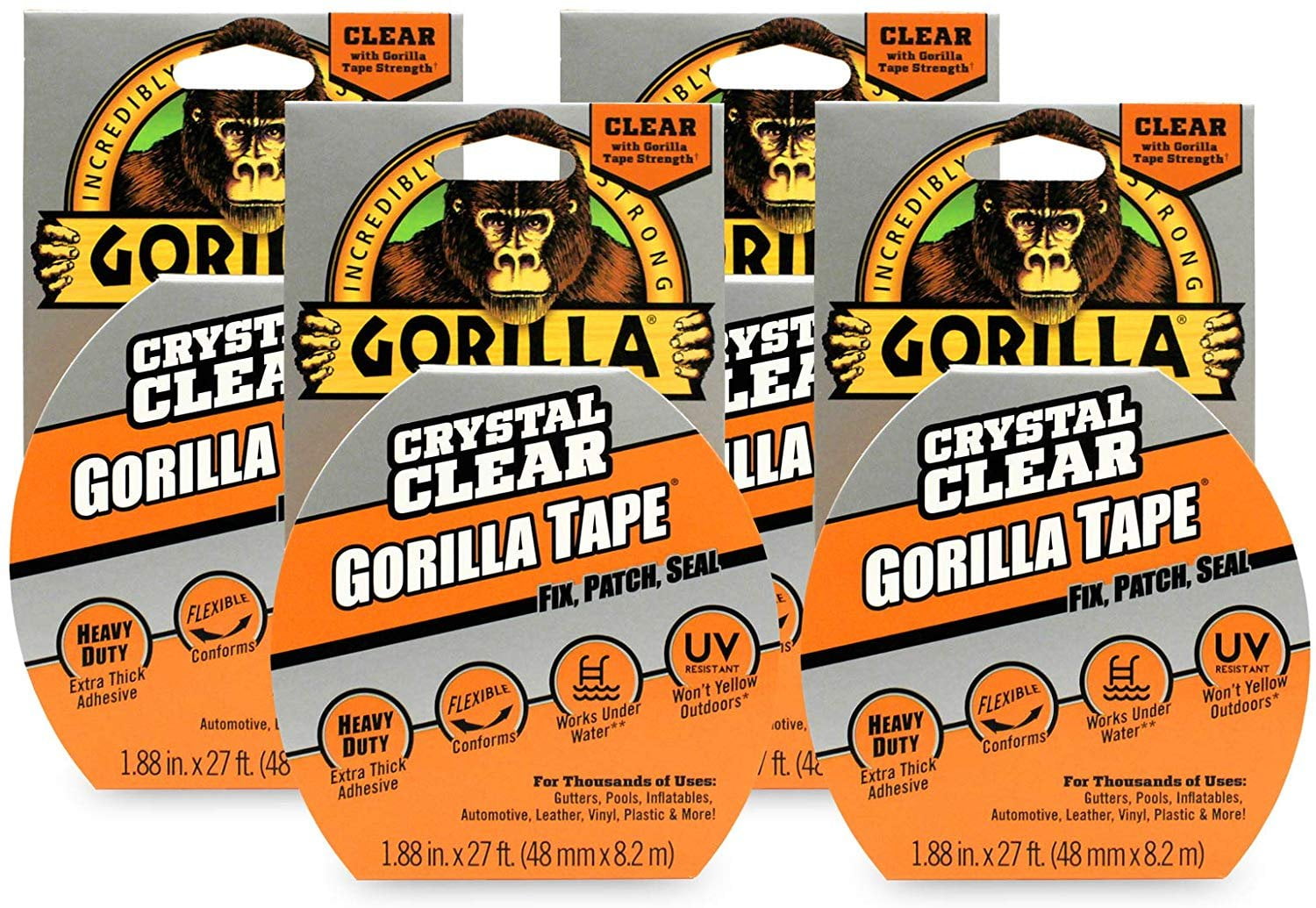 Gorilla Crystal Clear Duct Tape, 1.88" x 9 yd, Clear, Pack of 4 — Residential Use, Standard Application