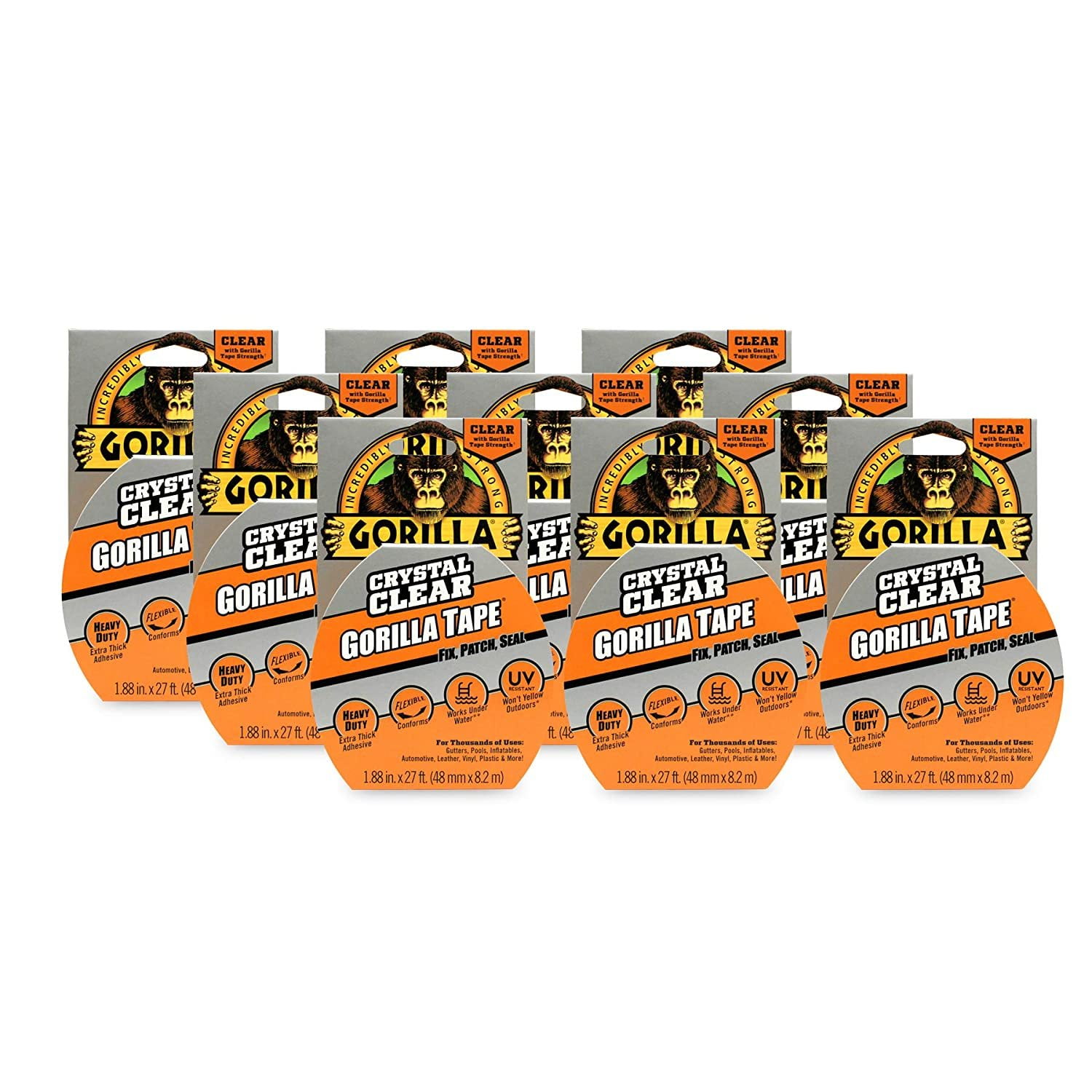 Gorilla Crystal Clear Duct Tape, 1.88" x 9 yd, Clear, Pack of 9