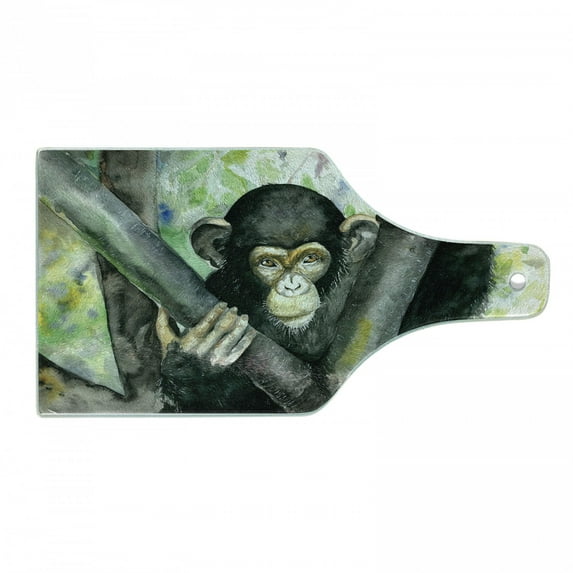 Gorilla Cutting Board, Watercolor Style Artwork of Chimpanzee on a Tree Wildlife Theme, Decorative Tempered Glass Cutting and Serving Board, in 3 Sizes, by Ambesonne