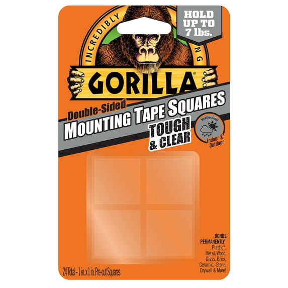 Gorilla Tough & Clear Double Sided Tape Squares, Clear Tape, 24 1" Pre-Cut Mounting Squares