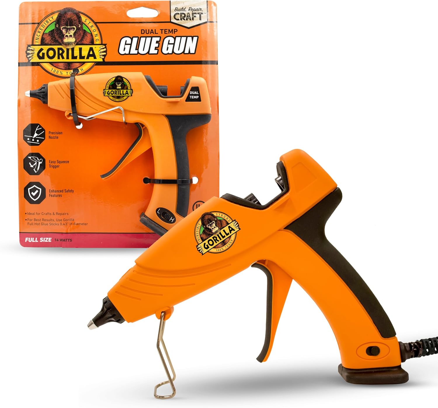Gorilla Dual Temp Full Size Hot Glue Gun Precision Nozzle, Easy Squeeze