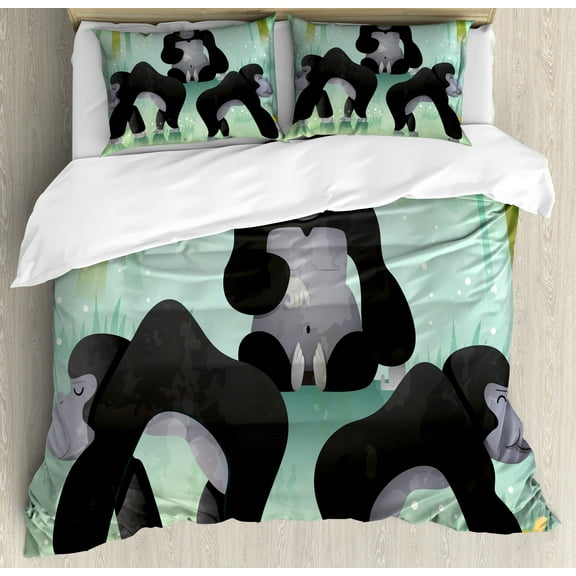 Gorilla Duvet Cover Set, Design of Chunky Woodland Creatures in the Forest, Decorative 3 Piece Bedding Set with 2 Pillow Shams, Calking Size, Grey Green, by Ambesonne
