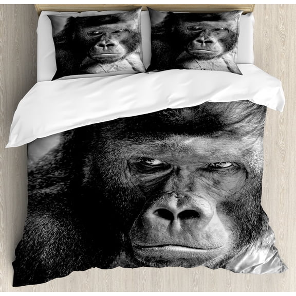 Gorilla Duvet Cover Set, Picturesque of a Grumpy Ape Portrait in Monochrome Tones, Decorative 3 Piece Bedding Set with 2 Pillow Shams, King Size, Charcoal Grey Grey, by Ambesonne