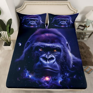 Gorilla Fitted Sheet Galaxy Chimpanzee Twin Bed Sheets,Gothic Animals Sheets Exotic Wildlife Bedding Set,Boho Bedroom Decor,(No Top Sheet)