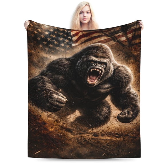 Gorilla Fleece Throw Blanket, Fierce Roaring Gorilla with American Flag Patriotic Art Print, Soft Warm Lightweight Blanket for Sofa Couch Bed, Home Decor All Season 50x40