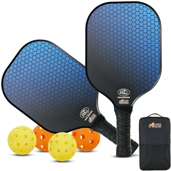 Gorilla Gear Pickleball Paddle Set of 2 with Pickleball Balls, Bag, USAPA Approved Fiberglass Racket, Blue
