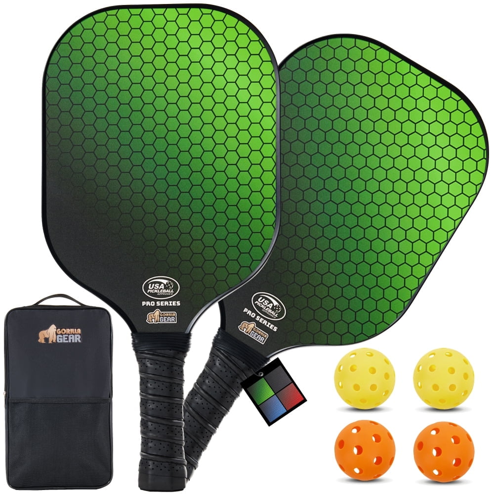 Gorilla Gear Pickleball Paddle Set of 2 with Pickleball Balls, Bag, USAPA Approved Fiberglass Racket, Green