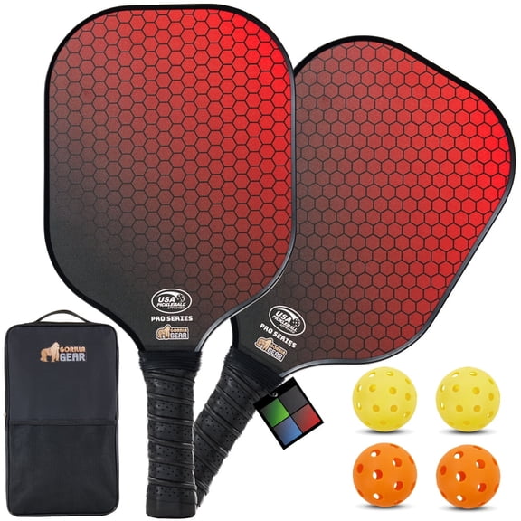 Gorilla Gear Pickleball Paddle Set of 2 with Pickleball Balls, Bag, USAPA Approved Fiberglass Racket, Red