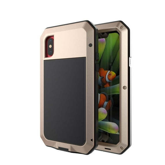 Gorilla Glass Aluminum Metal iPhone X Case (Gold) Heavy Duty Military Grade Shockproof and Scratch Resistant Protection, Rugged Outdoor Travel