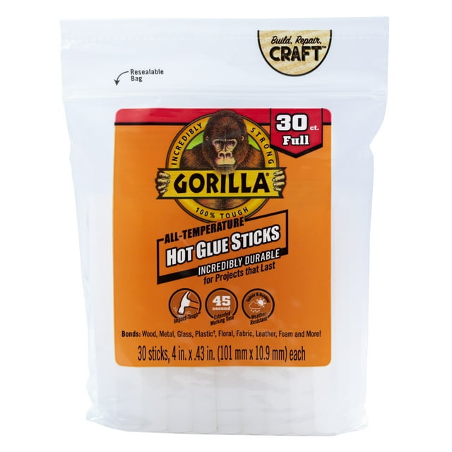 Gorilla Glue Clear 4 inch Dual Temp FullSize Hot Glue Sticks, 30 Count