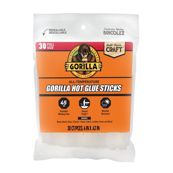 Gorilla Glue Clear 4 inch Dual Temp Full-Size Hot Glue Sticks, 30 Count