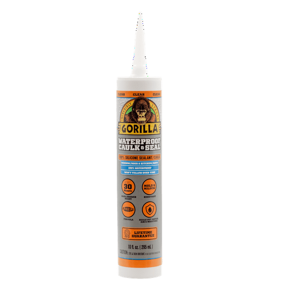 Gorilla Waterproof Caulk & Seal Silicone Sealant, 10oz Cartridge - Clear Caulking Sealant for Kitchen, Window, Bath, Marine, Door and More