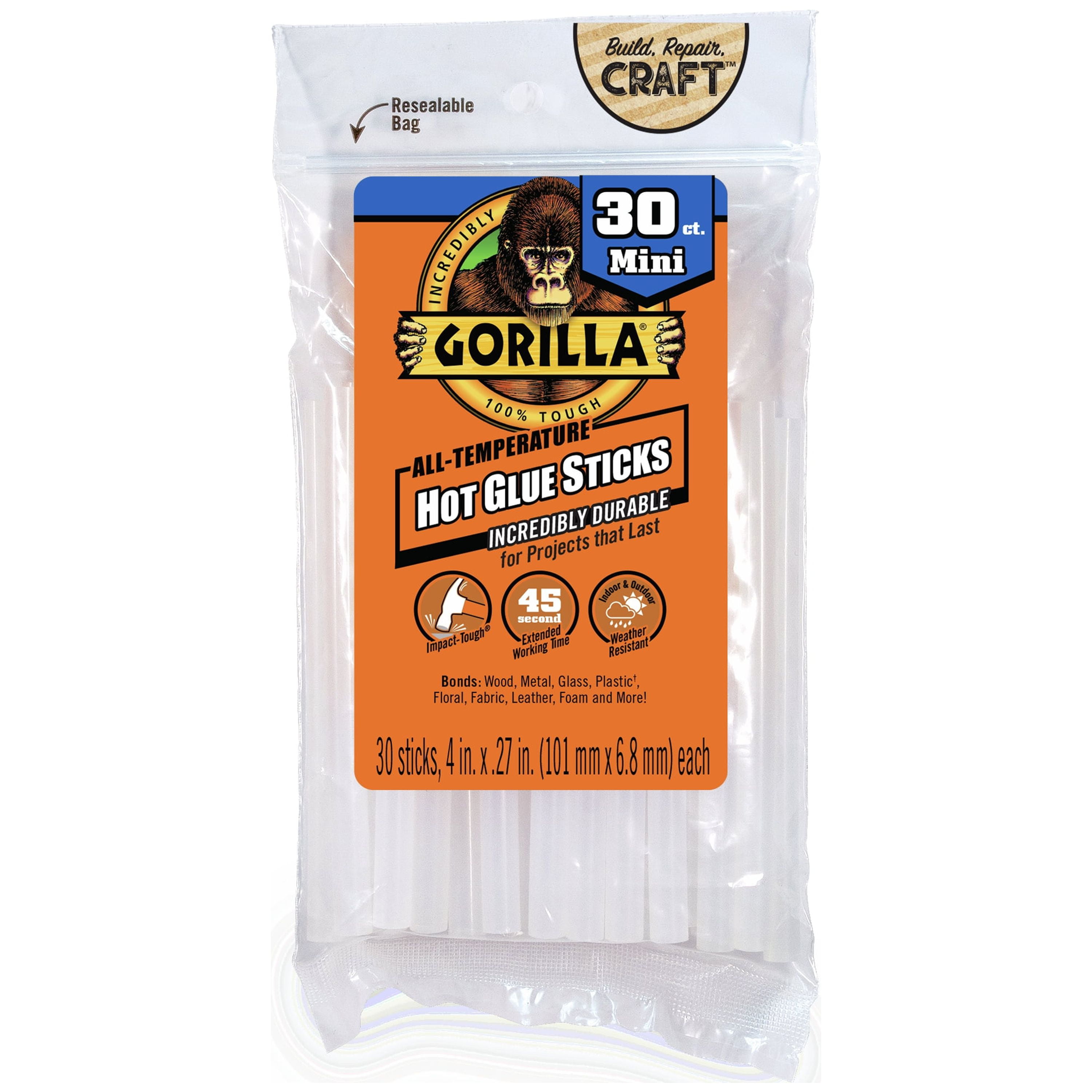 Gorilla Clear Hot Glue Sticks, 4 inches. 30 Count