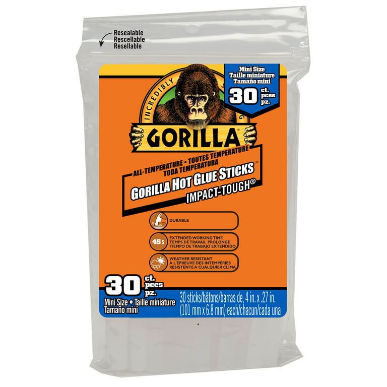 Gorilla Hot Glue Sticks, Mini size, 8 Long x .27 Diameter, 25 Count, Clear, (Pack of 4)
