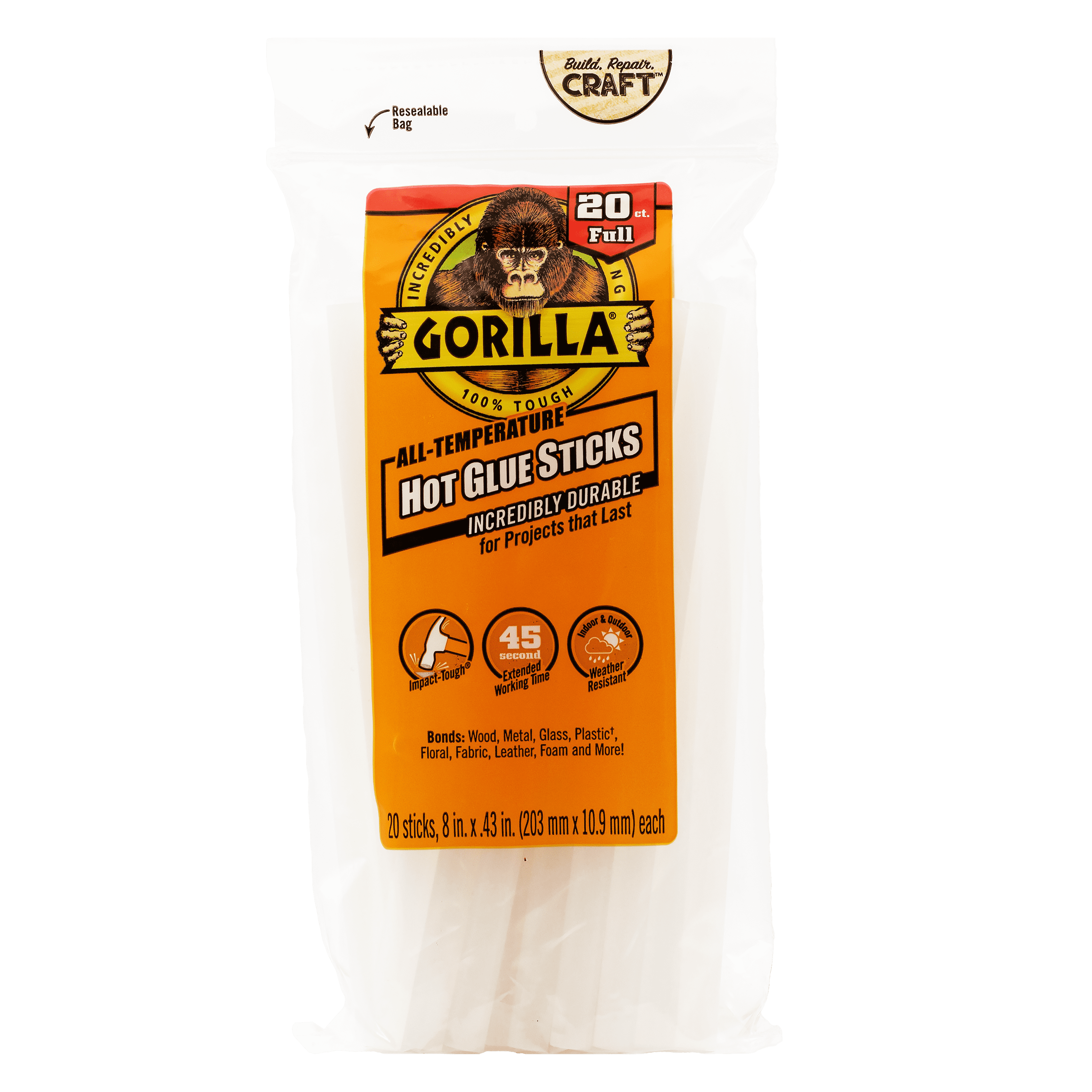 Gorilla Glue Clear Hot Glue Sticks, 8", 20Count, Full Size