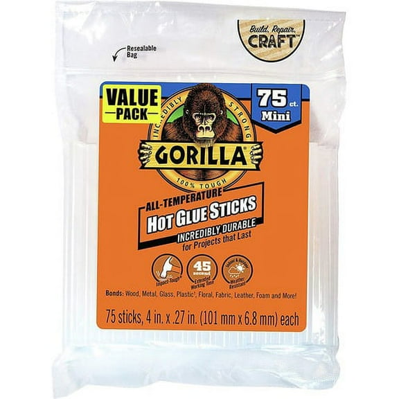 Gorilla Glue Mini Hot Glue Sticks - 75 / Pack - Clear | Bundle of 2 Packs