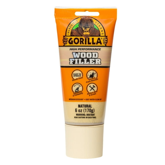 Gorilla All Purpose Wood Filler, Natural Color, 6 Ounce Tube - Water Resistant for Indoor or Outdoor Projects and Repairs