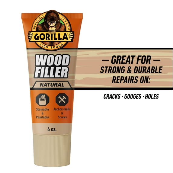 Gorilla All Purpose Wood Filler, Natural Color, 6 Ounce Tube - Water Resistant for Indoor or Outdoor Projects and Repairs