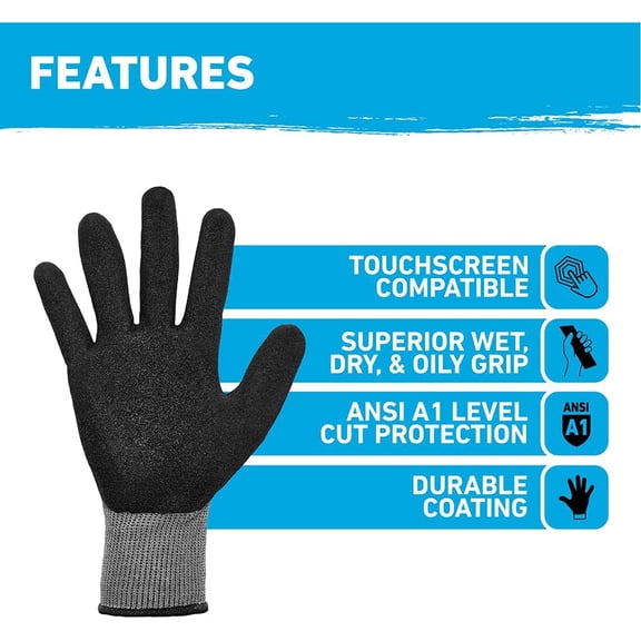 Gorilla Grip A1 Precision Grip, Cut Resistant Work Gloves, Nitrile Coated, Grey - Large (27222-212B)