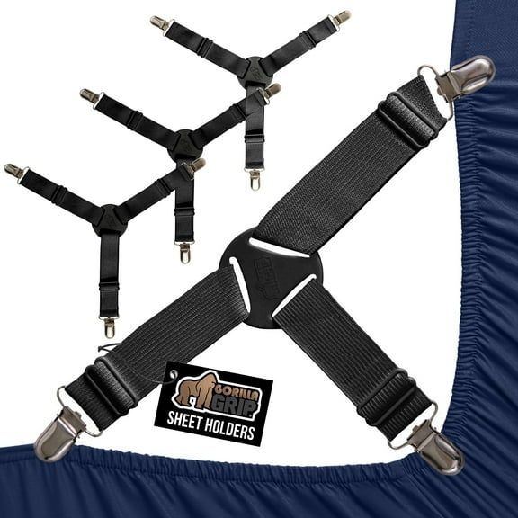 Gorilla Grip Bed Sheet Straps, Adjustable Elastic Fasteners with Metal Clips, Keep in Place Fitted Bedding Holder, 4 Pack Black