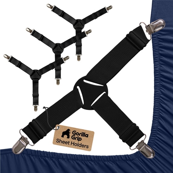 Gorilla Grip Bed Sheet Straps, Adjustable Elastic Fasteners with Metal Clips, Keep in Place Fitted Bedding Holder, 4 Pack Black