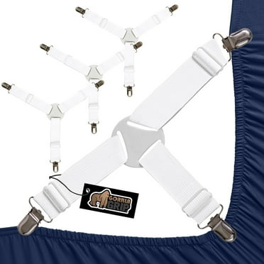 Gorilla Grip Bed Sheet Straps, Adjustable Elastic Fasteners with Metal Clips, Keep in Place Fitted Bedding Holder, 4 Pack White