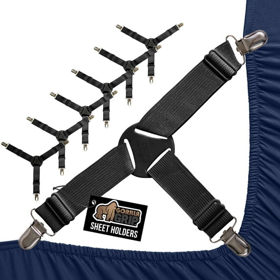 Gorilla Grip Bed Sheet Straps, Adjustable Elastic Fasteners with Metal Clips, Keep in Place Fitted Bedding Holder, 8 Pack Black