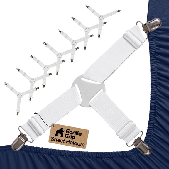 Gorilla Grip Bed Sheet Straps, Adjustable Elastic Fasteners with Metal Clips, Keep in Place Fitted Bedding Holder, 8 Pack, Off-White