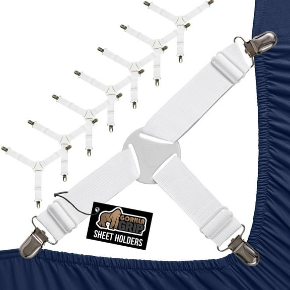 Gorilla Grip Bed Sheet Straps, Adjustable Elastic Fasteners with Metal Clips, Keep in Place Fitted Bedding Holder, 8 Pack, Off-White