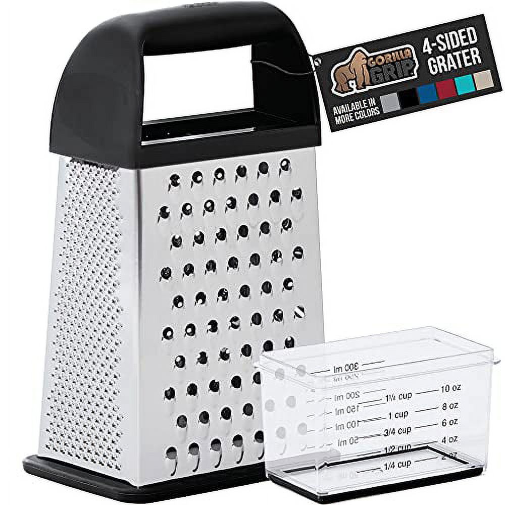 Gorilla Grip Box Grater, Stainless Steel, 4-Sided Graters with Comfortable Handle and Storage Container for Cheese, Vegetables, Ginger, Handheld Food Shredder, Kitchen Zester, 10 inch, Black - image 1 of 9