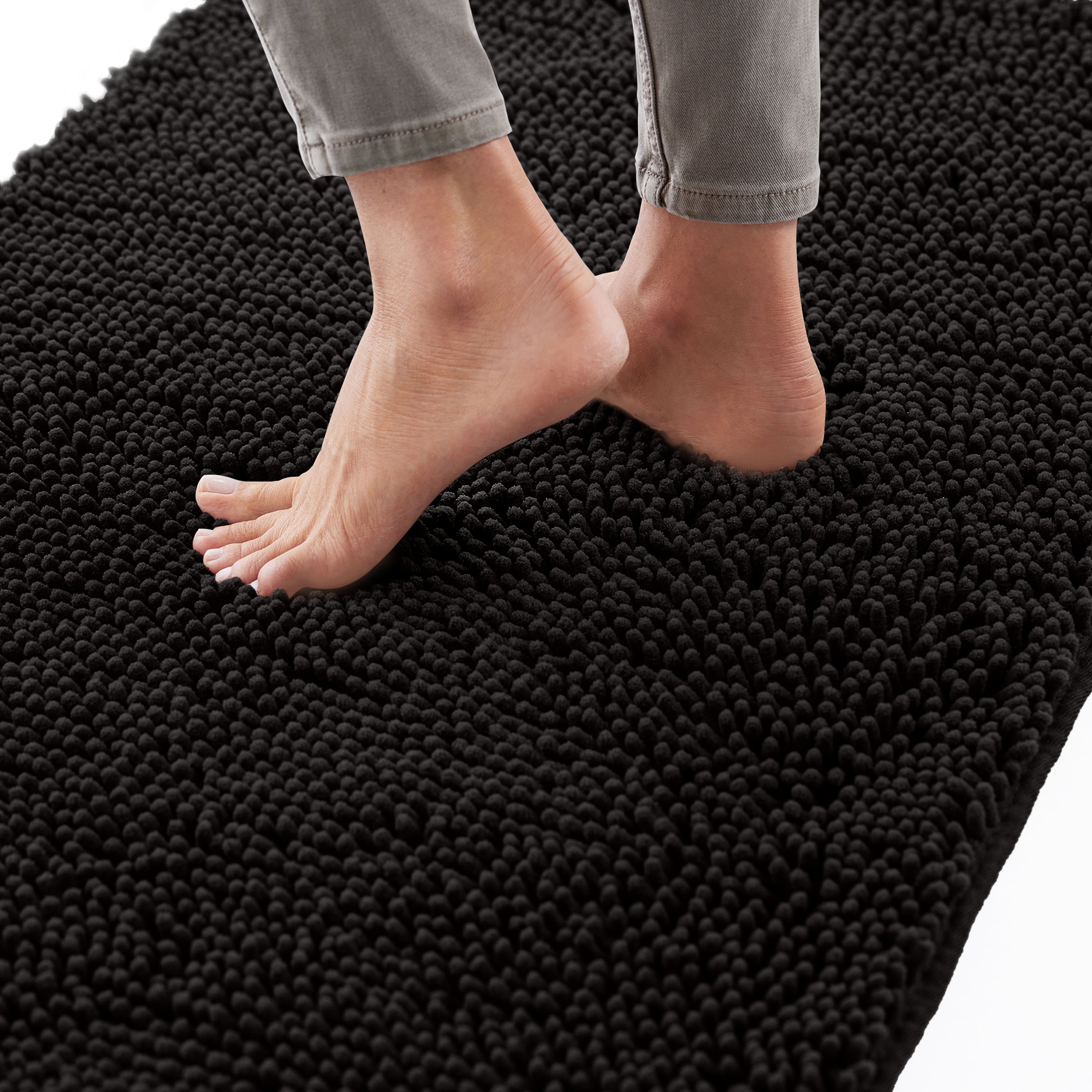 Gorilla Grip Chenille Bath Rug 60x24, Rubber Backing Quick Dry Washable Microfiber Mats, Black