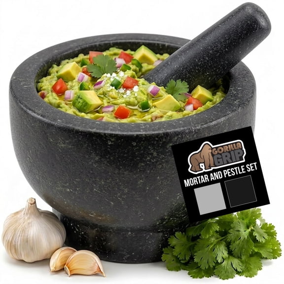 GORILLA GRIP Mortar and Pestle Set 100% Granite Stone Molcajete Guacamole Bowl 1.5 Cup Black
