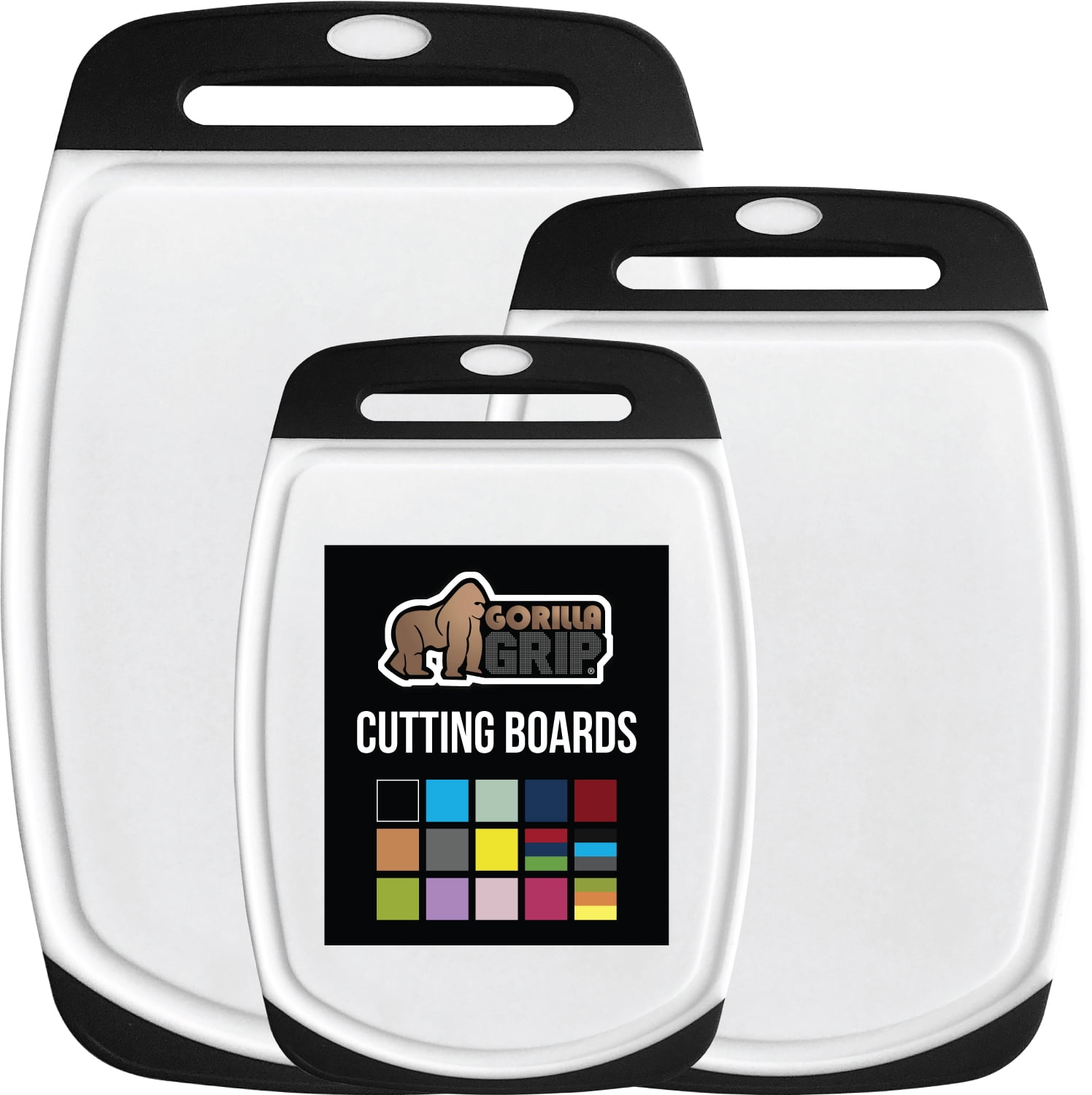 Gorilla Grip Juego de 3 Tablas de Cortar de Cocina Reversibles 100% sin BPA de Gran Tamaño Ranuras para Jugo, Aptas para Lavavajillas, Negro