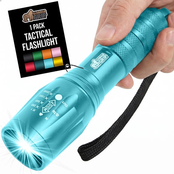 GORILLA GRIP LED Tactical Flashlight, 750 FT High Lumens 5 Modes, Water Resistant, Turquoise