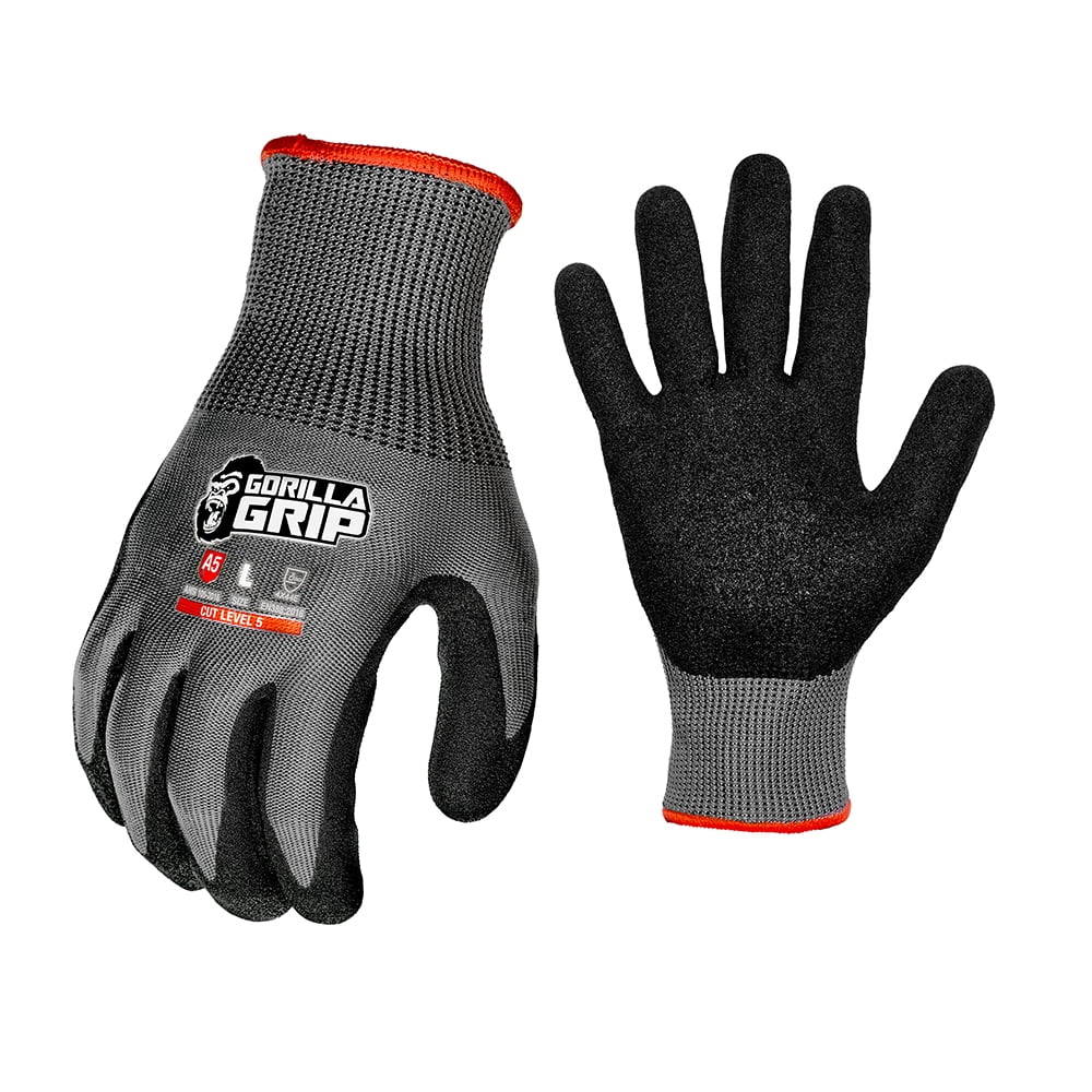 Gorilla Grip Work Glove, ANSI A5 Cut Resistant Nitrile Coated Men's Gloves, Superior Grip in Wet Conditions, Touchscreen, Gray, Large, 1 Pair
