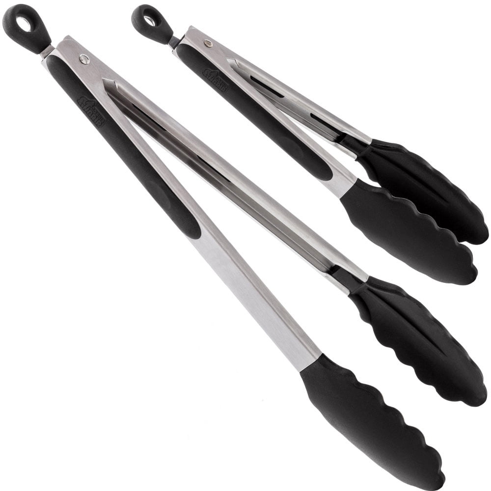 Gorilla Grip Set of 2 Stainless Steel Heat-Resistant Kitchen Tongs, 7 and 12 Inch, Black