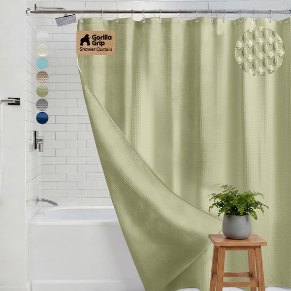 GORILLA GRIP Waffle Shower Curtain, Thick Weighted Fabric, Wrinkle and Rust Resistant, Classic Hotel Quality Design, Machine Wash, 72x72, Sage