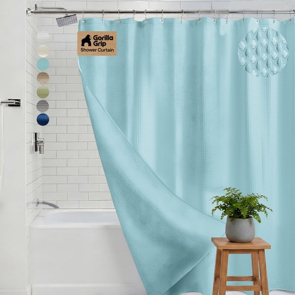 GORILLA GRIP Waffle Shower Curtain, Thick Weighted Fabric, Wrinkle and Rust Resistant, Classic Hotel Quality Design, Machine Wash, 72x72 Spa Blue