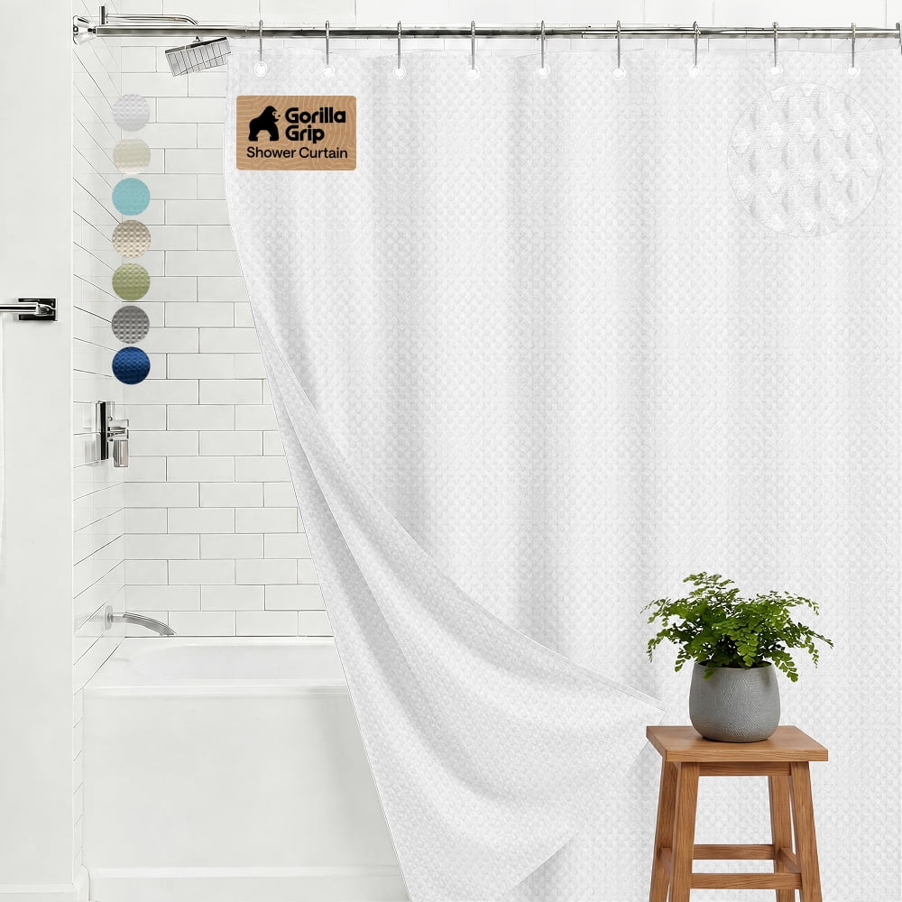 GORILLA GRIP Waffle Shower Curtain, Thick Weighted Fabric, Wrinkle and Rust Resistant, Classic Hotel Quality Design, Machine Wash, 72x72 White