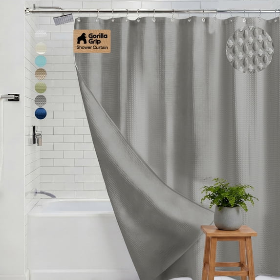GORILLA GRIP Waffle Shower Curtain, Thick Weighted Fabric, Wrinkle and Rust Resistant, Classic Hotel Quality Design, Machine Wash, 72x78, Gray