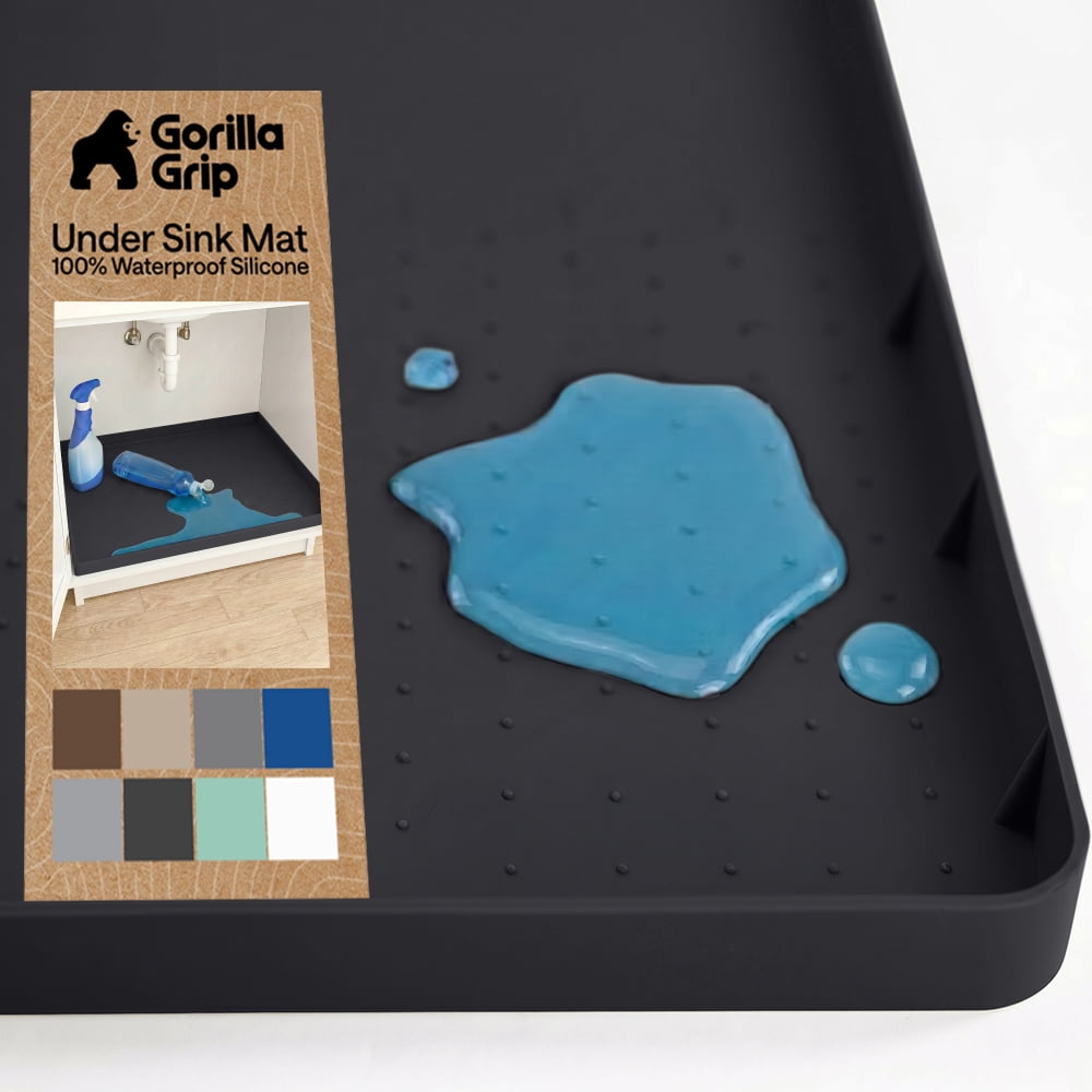 GORILLA GRIP Waterproof Silicone Under Sink Mat with Lip for Kitchen and Bathroom, 34 x 22 in, Black