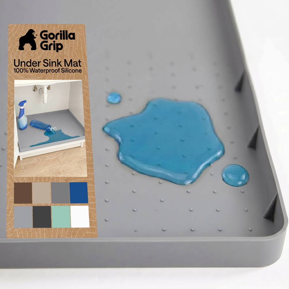 GORILLA GRIP Waterproof Silicone Under Sink Mat with Lip for Kitchen and Bathroom, 34 x 22 in, Gray