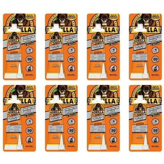Gorilla Heavy Duty Construction Adhesive, 2.5 ounce Squeeze Tube, White, Pack of 8