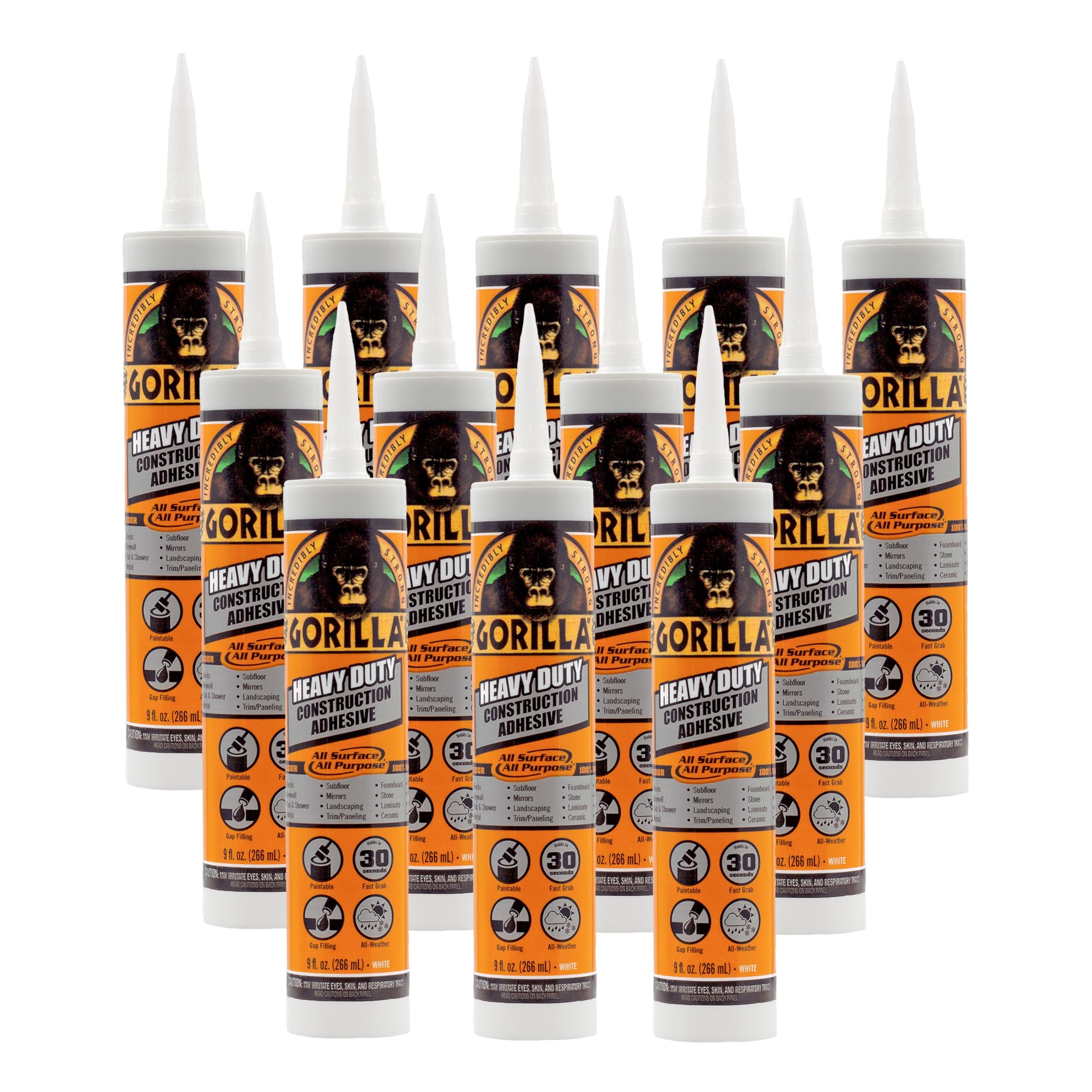 Gorilla Heavy Duty Construction Adhesive, White Glue, 9 Ounce Cartridge (Pack of 12) - Gap Filling and Waterproof