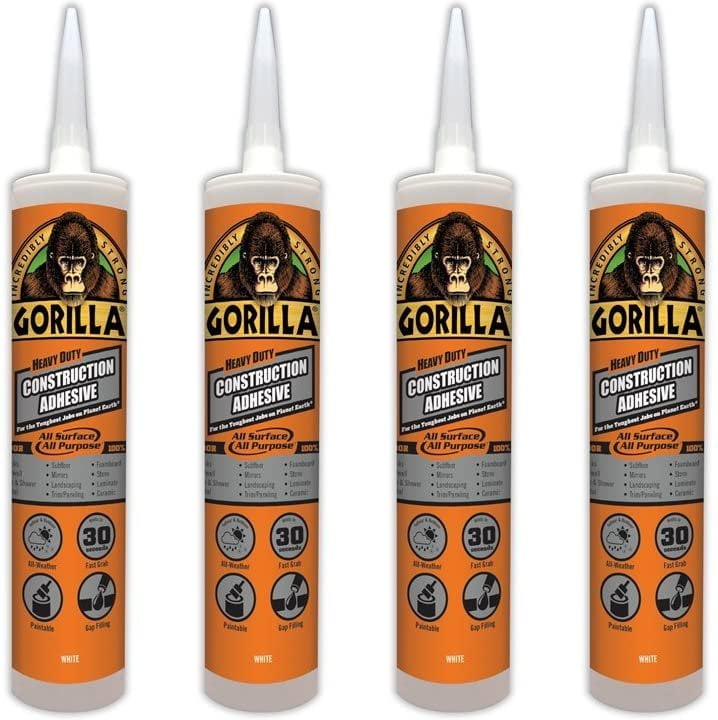 Gorilla Heavy Duty Construction Adhesive, 9 ounce Cartridge, White, Pack of 4