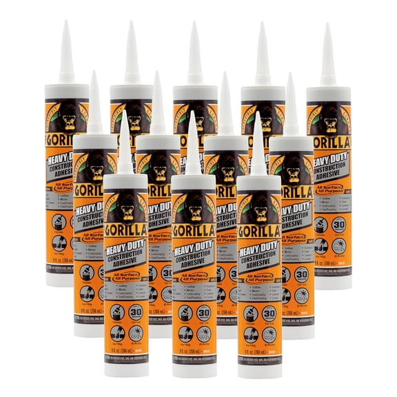 Gorilla Heavy Duty Construction Adhesive, White Glue, 9 Ounce Cartridge (Pack of 12) - Gap Filling and Waterproof