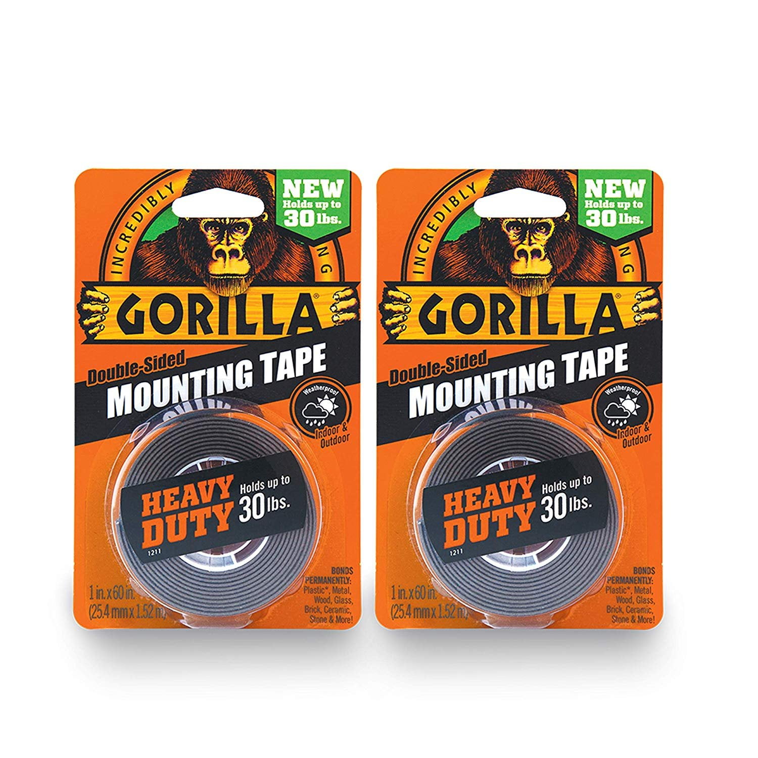 Gorilla Heavy-Duty Weatherproof Double-Sided Mounting Tape, Holds 30-lbs,  Black, 1 x 60-in
