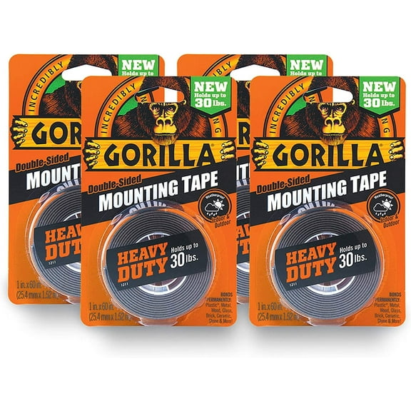 Gorilla Heavy Duty Double Sided Mounting Tape, 1" x 60", Black, Pack of 4