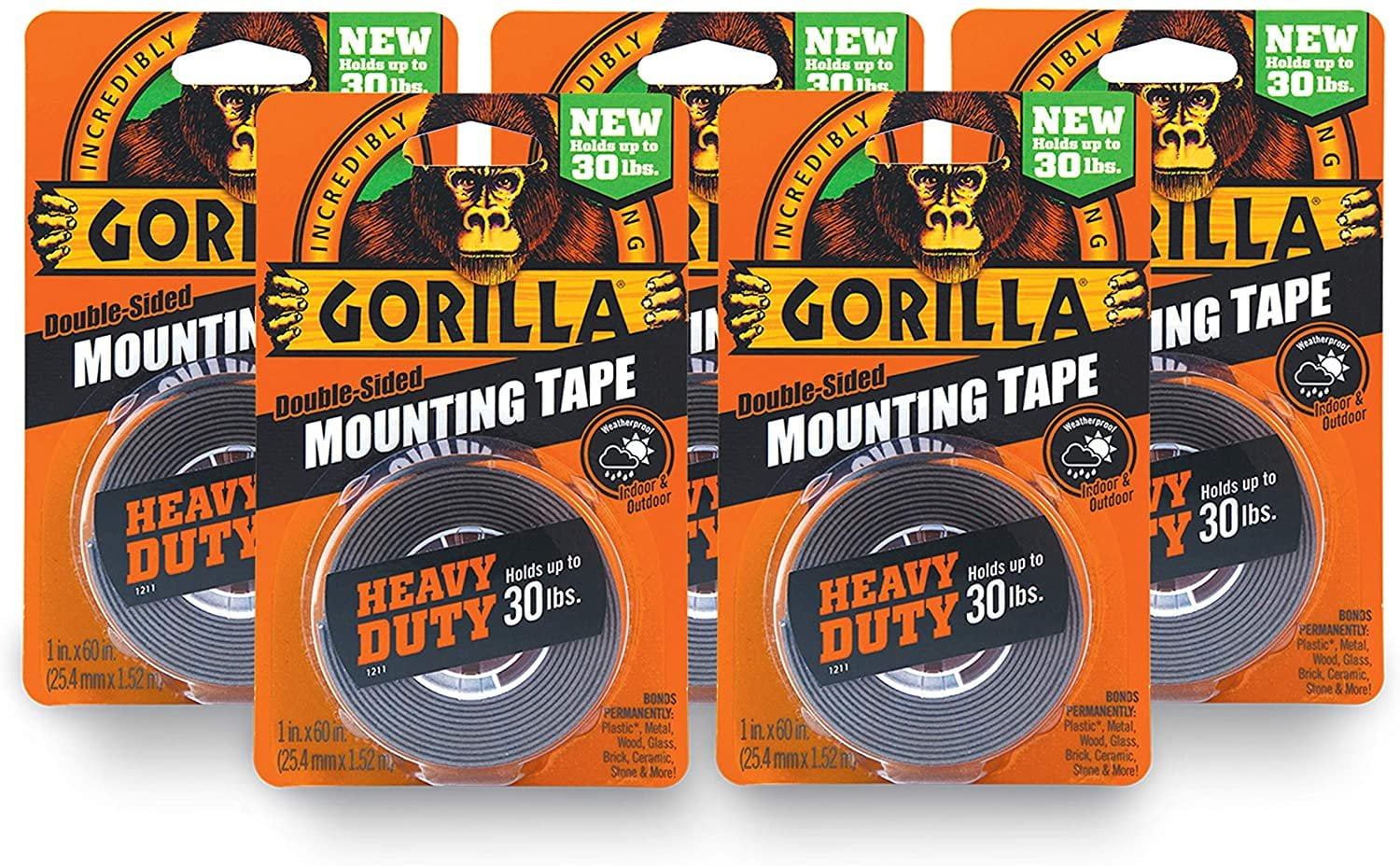Gorilla Heavy Duty Double Sided Mounting Tape, 1" x 60", Black, Pack of 5