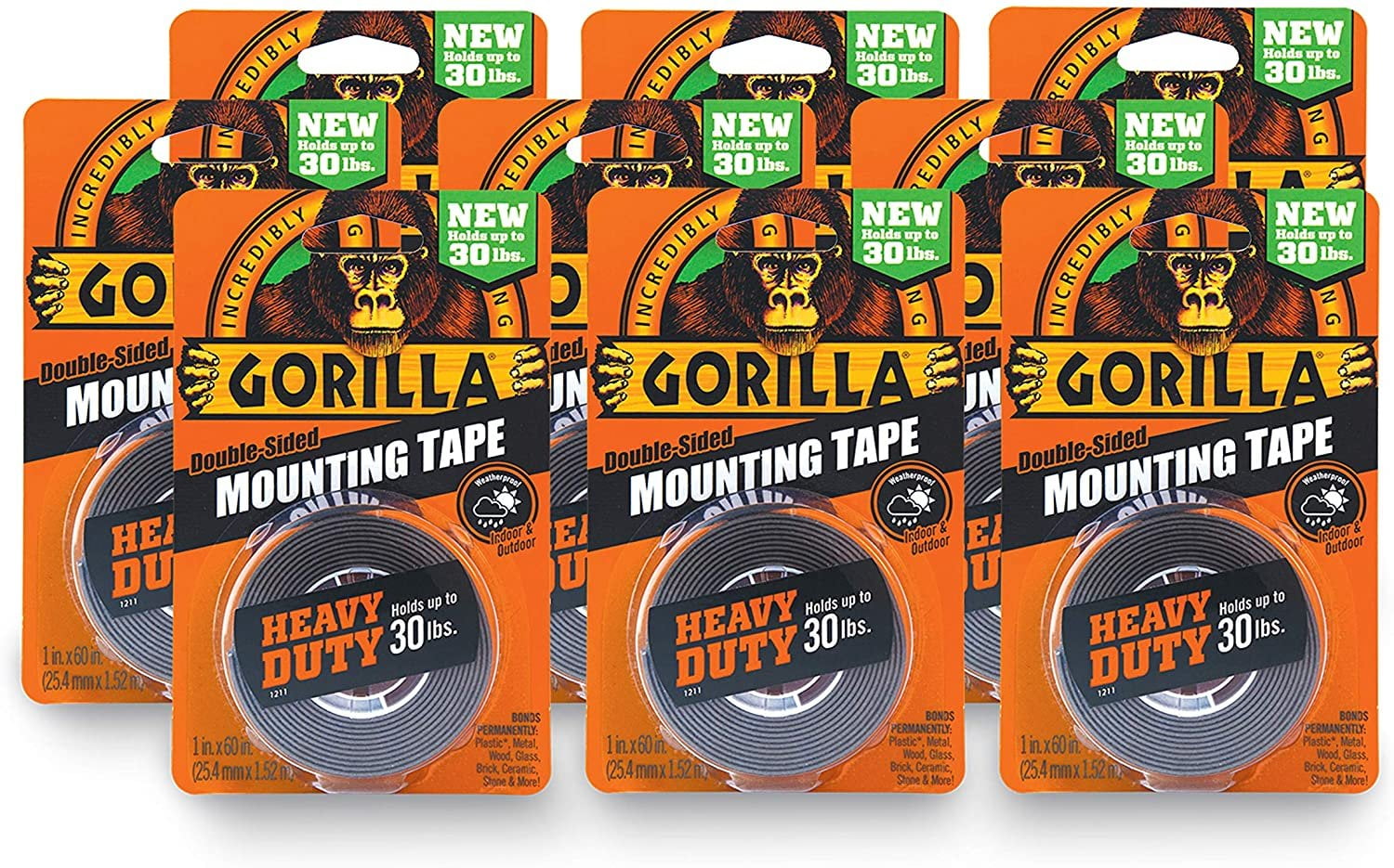 Gorilla Heavy Duty Double Sided Mounting Tape, 1 x 60, Black, Pack of 9 